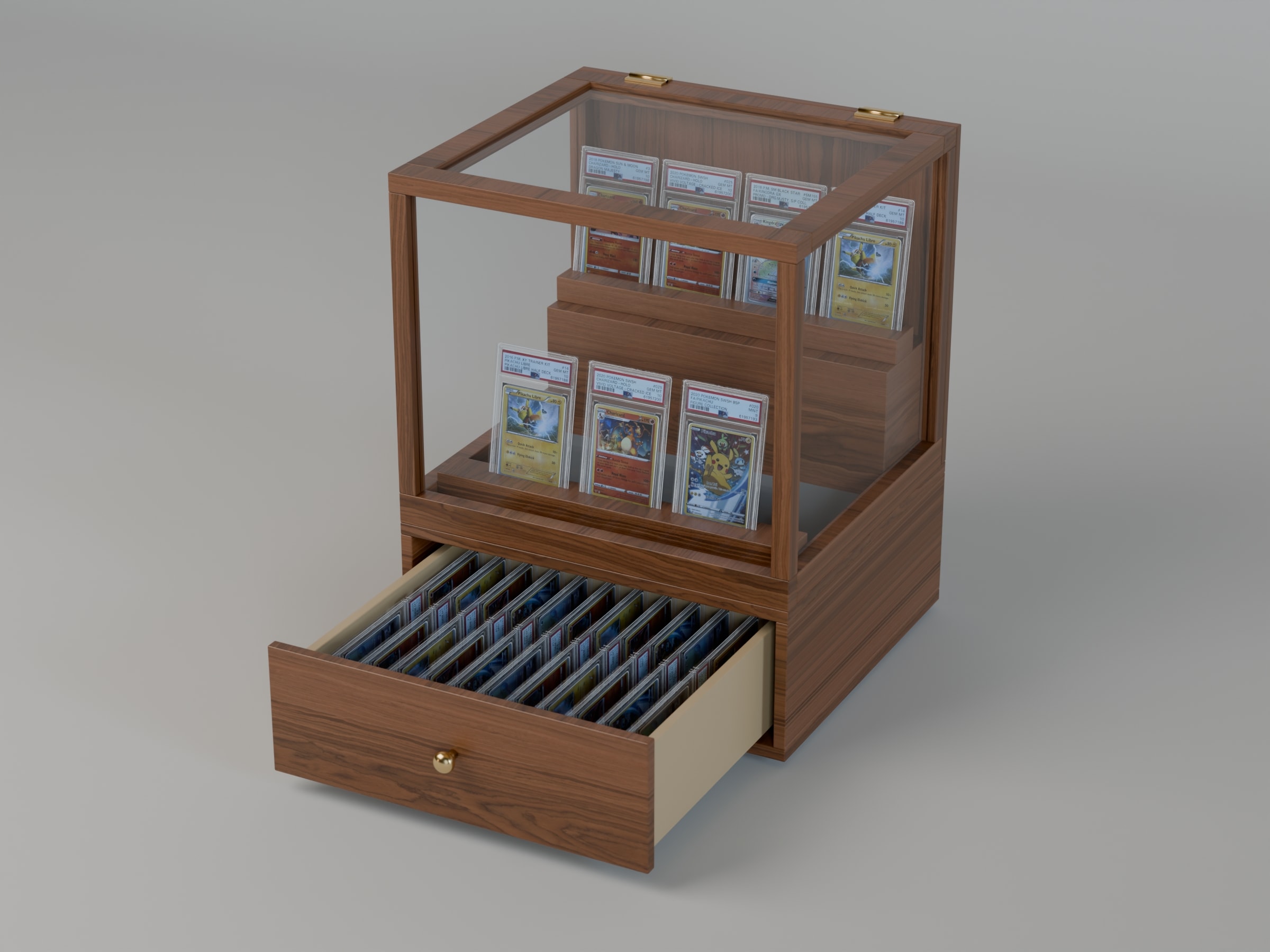 Vitrine mit geöffneter Schublade, darin 22 Slabs dicht in zwei Einsätzen, oben sieben Slabs auf der Bühne